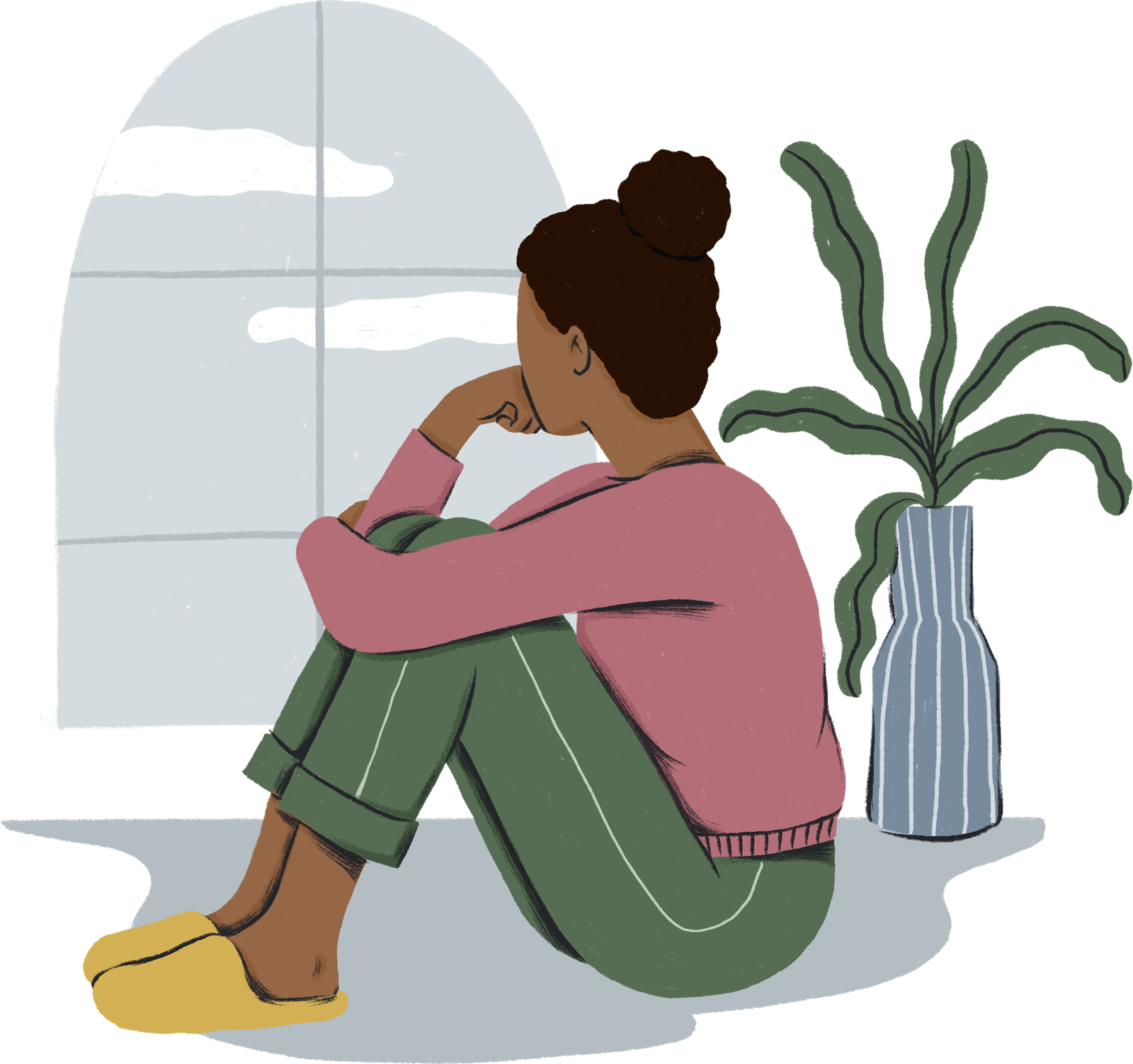 A woman looking out a window, feeling lonely