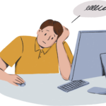 An adult at a desk feeling overwhelmed by tasks and deadlines