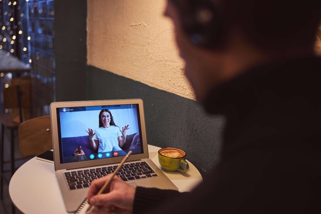 A client attending a private online counselling session from home