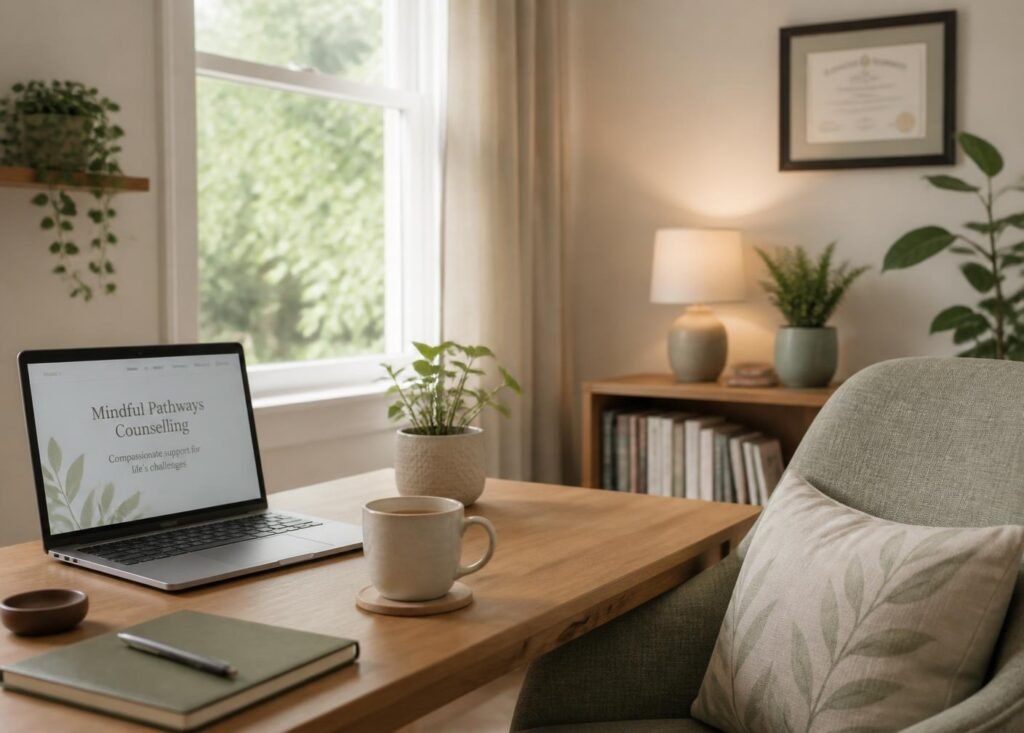 A quiet home workspace set up for a private online counselling session