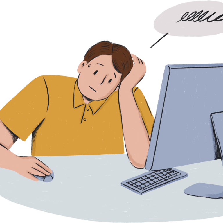 An adult at a desk feeling overwhelmed by tasks and deadlines